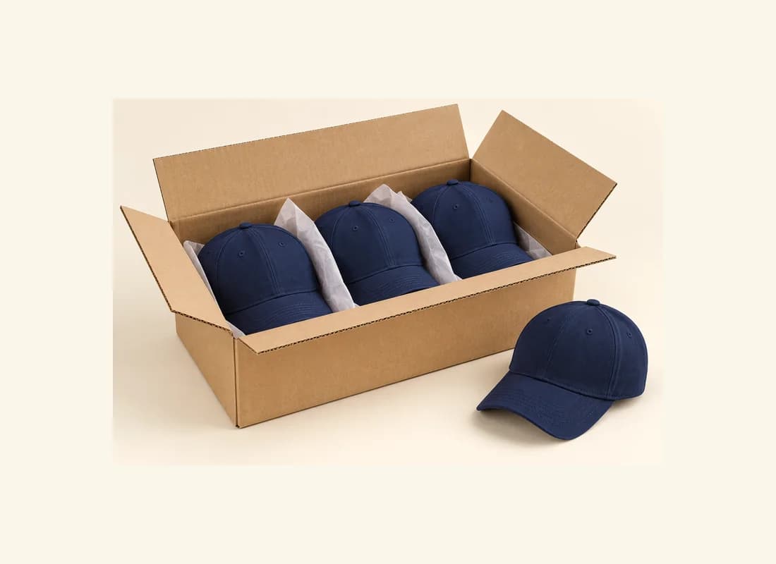 Navy caps arranged with tissue in an open kraft carton and a matching cap outside