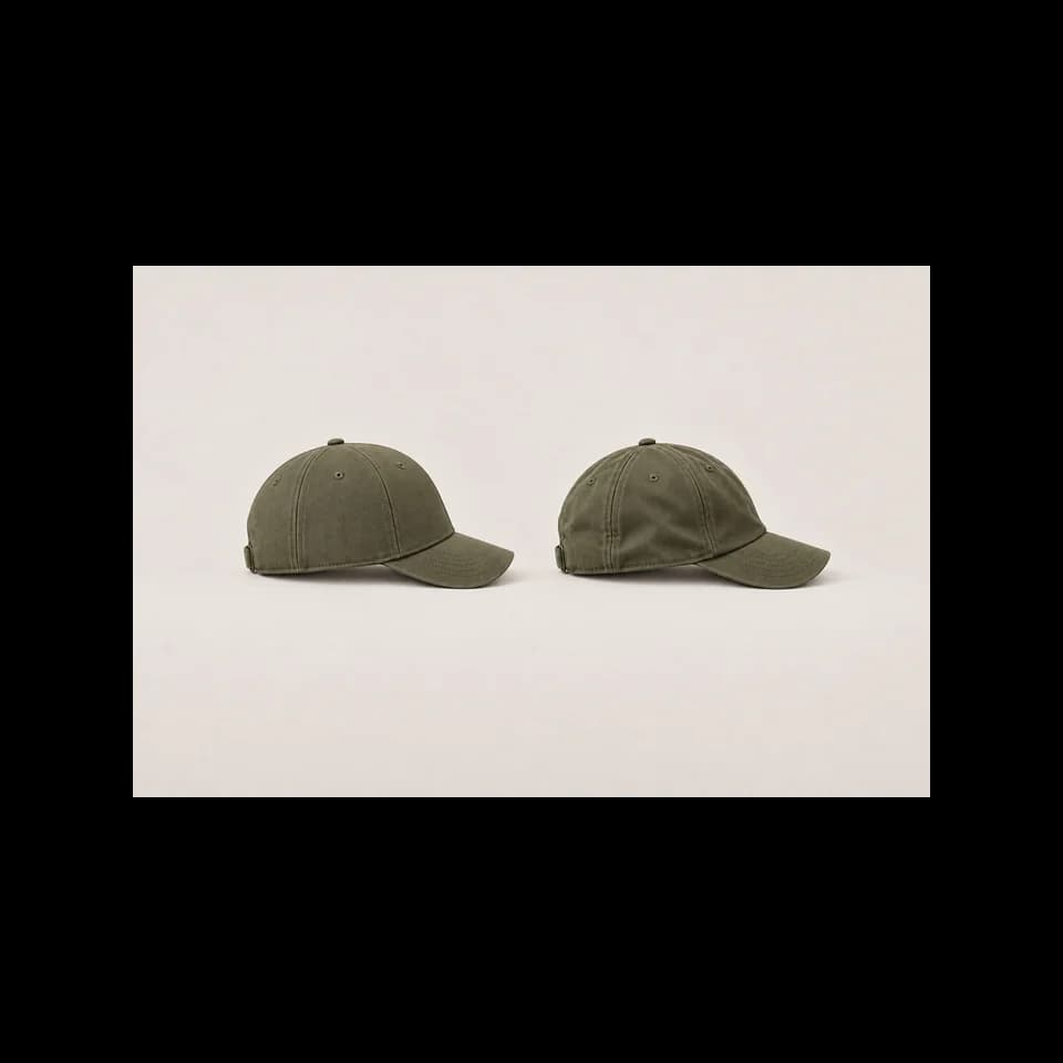 Two matching olive caps viewed from the same side angle, with an upright supported crown on the left and a relaxed crown on the right