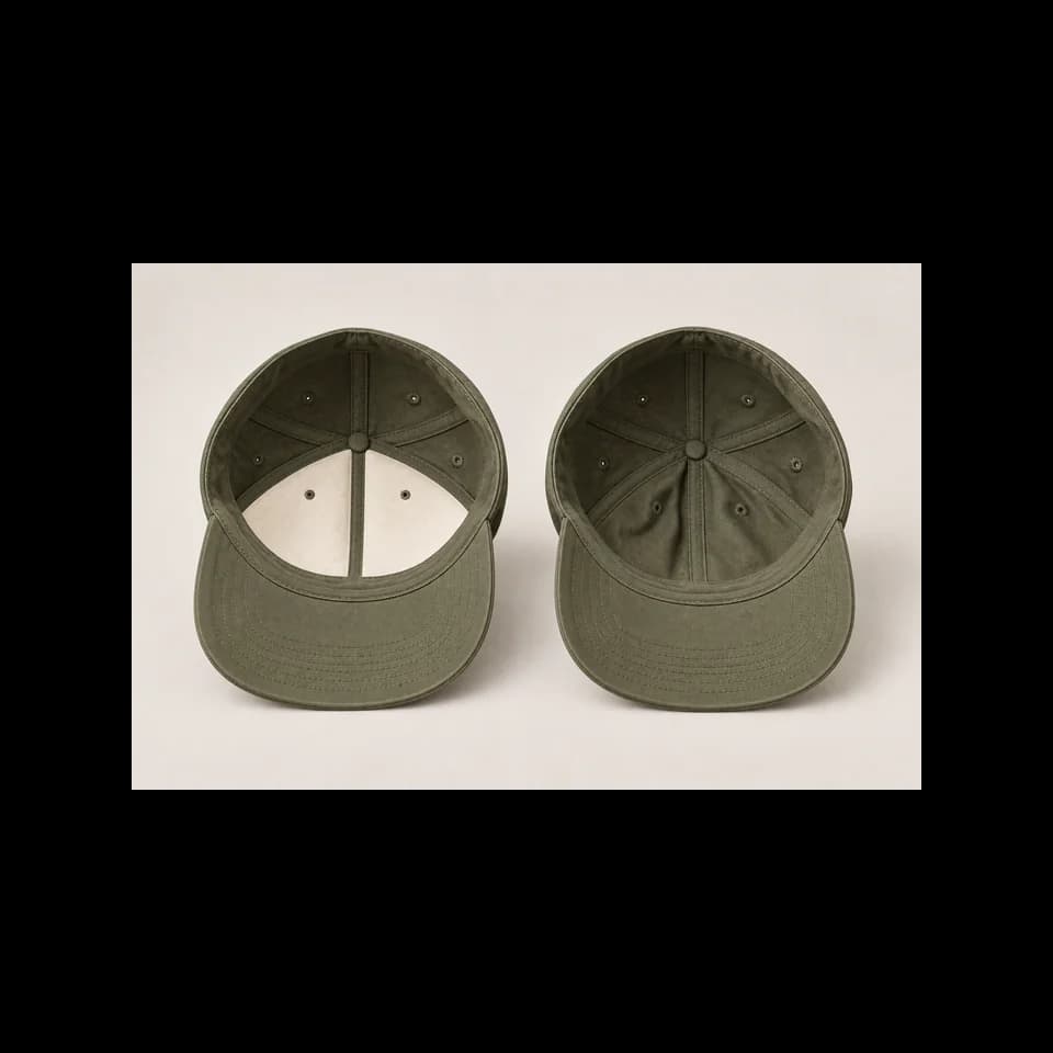 Inside two olive six-panel caps, with ivory reinforcement behind the left front panels and soft olive fabric on the right