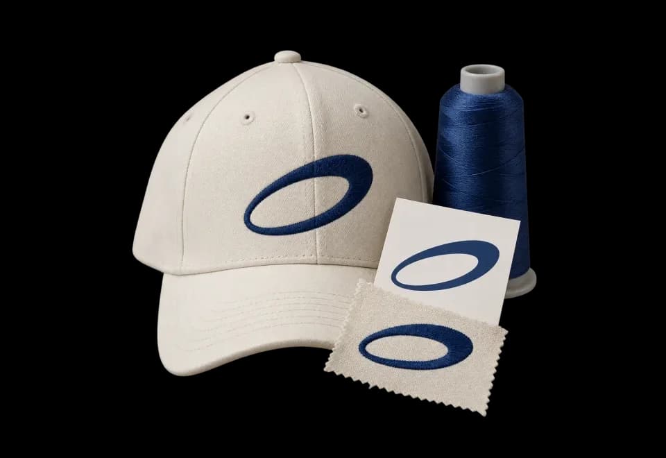 Navy oval artwork on paper, an embroidered cap and a stitched fabric swatch