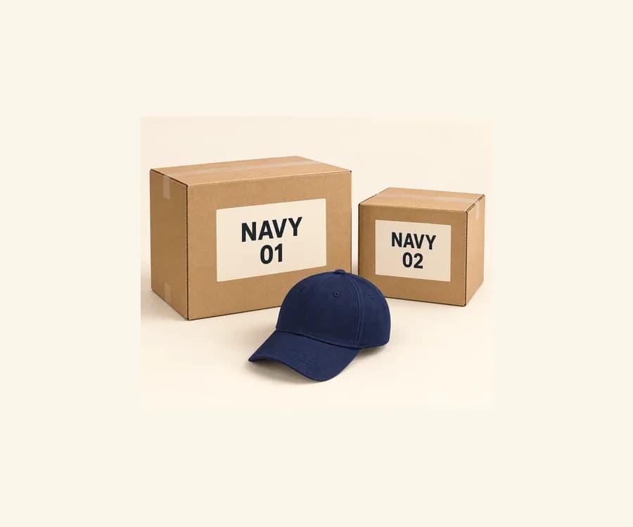 Two kraft cartons marked NAVY 01 and NAVY 02 beside a navy cap
