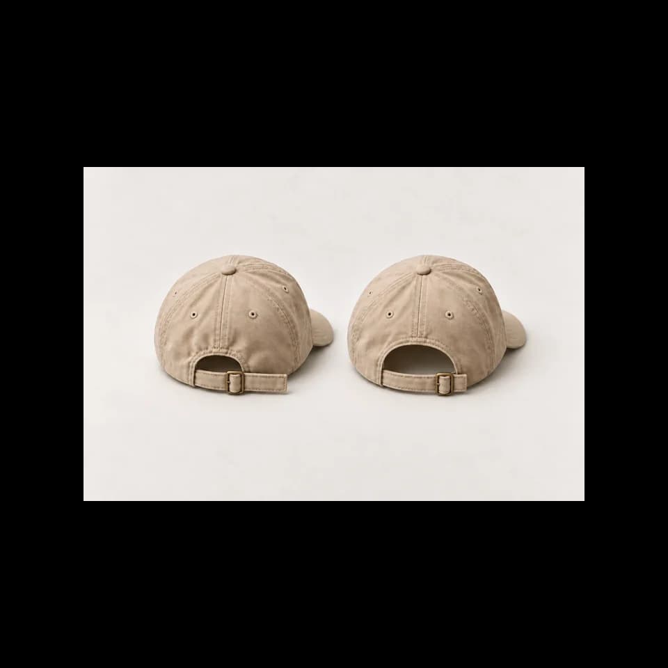 Rear views of the same beige cap showing a smaller opening with a longer strap tail and a larger opening with a shorter tail