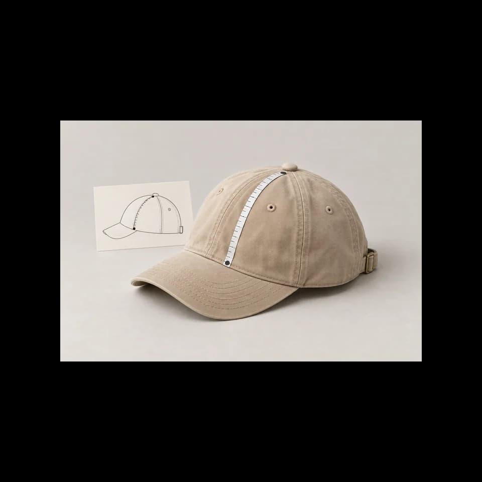 Beige six-panel cap with a flexible tape following one crown panel between two marked endpoints