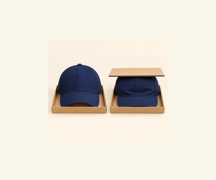 Two navy caps in trays, with the right crown compressed beneath cardboard