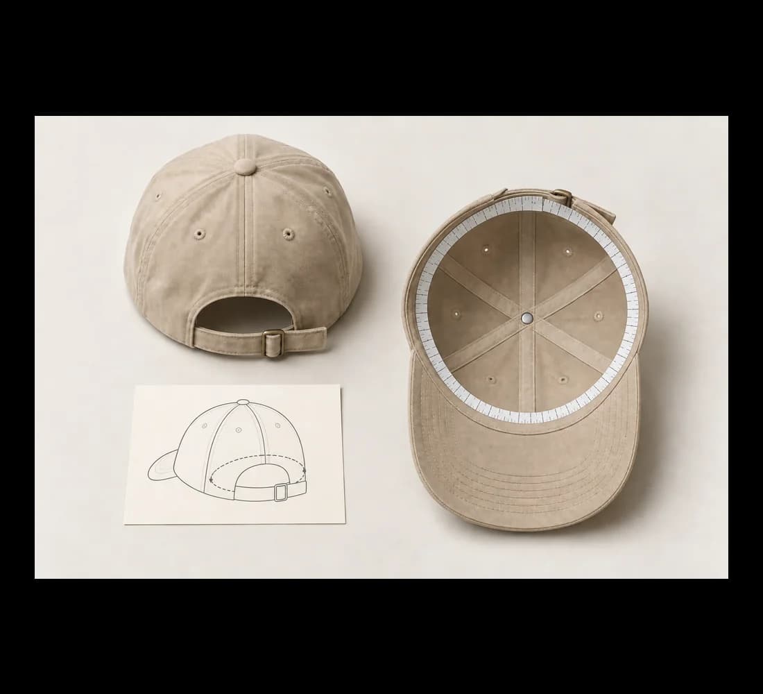 Rear and inside views of a beige cap with tape along the inner opening and a measurement sketch