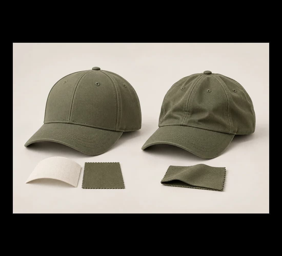 Olive caps with a supported front on the left and a relaxed soft front on the right
