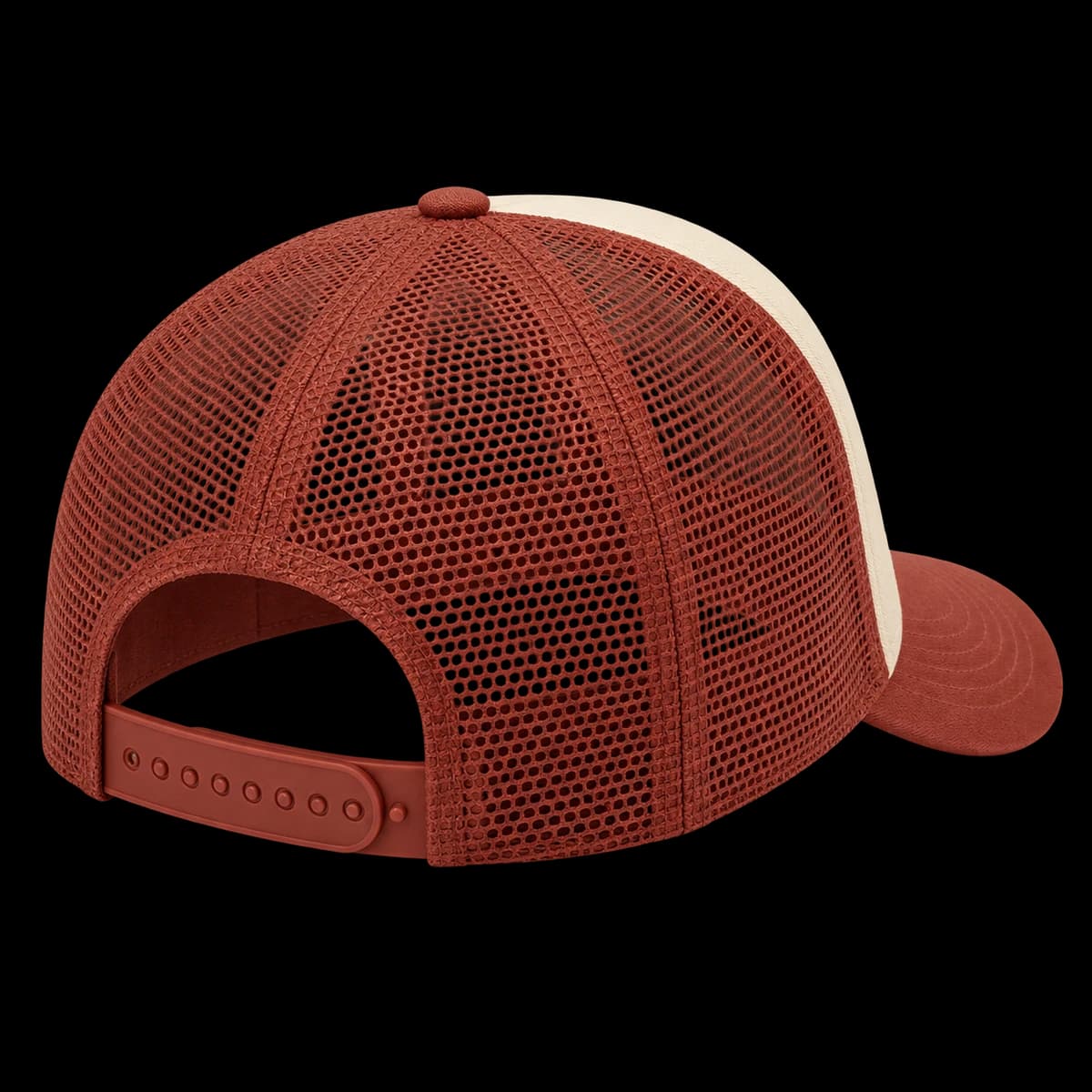 Isolated rust mesh trucker cap, rear view with adjustable snap closure