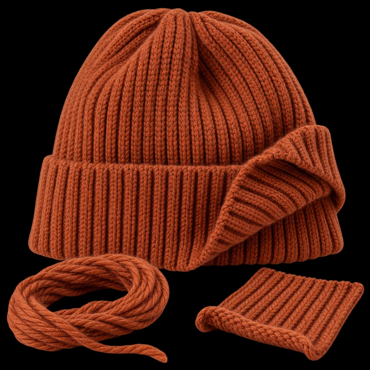 Generated construction study: rib knit beanie with partial unfolded cuff, yarn and knit swatch