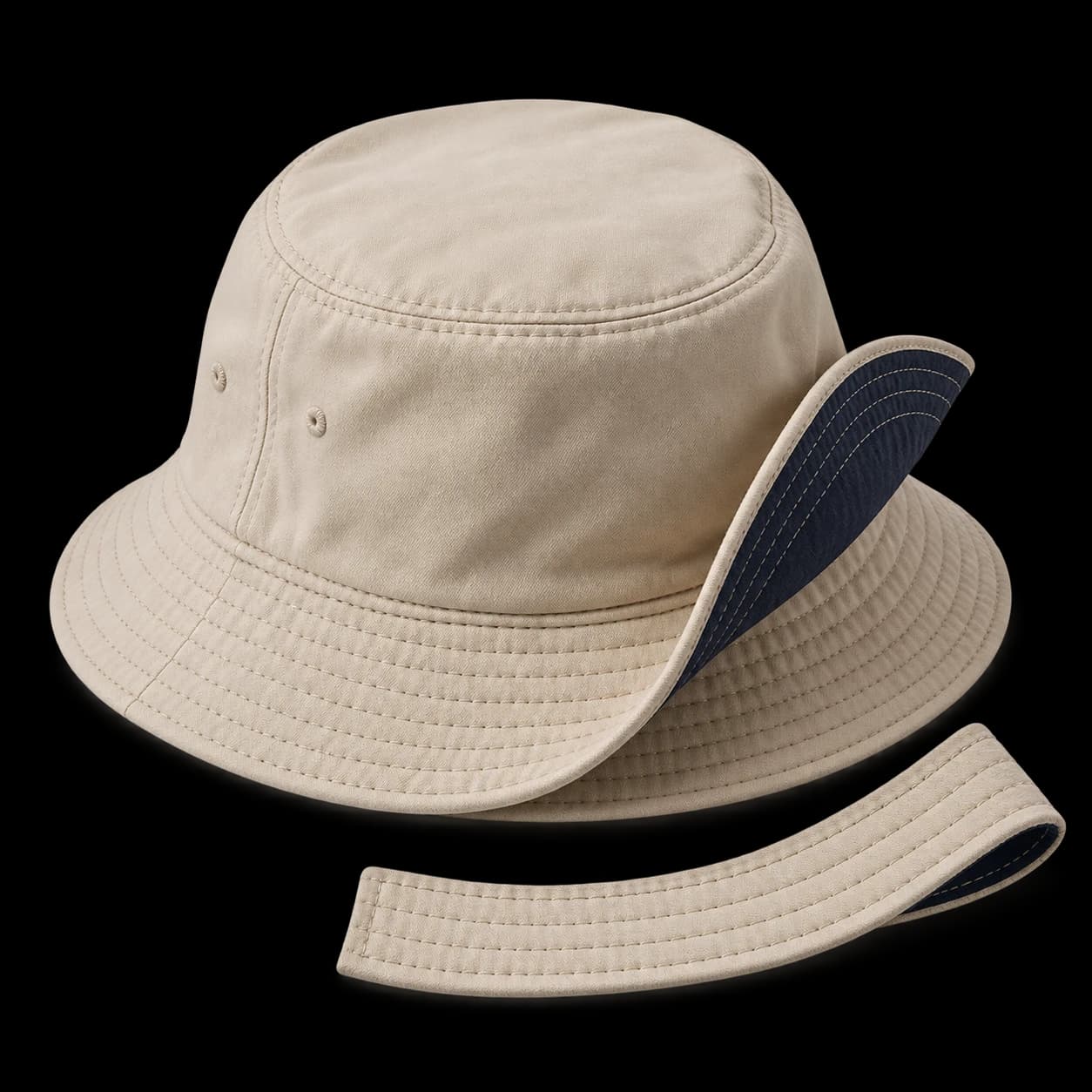 Generated construction study: bucket brim folded to reveal stitch rows and underside