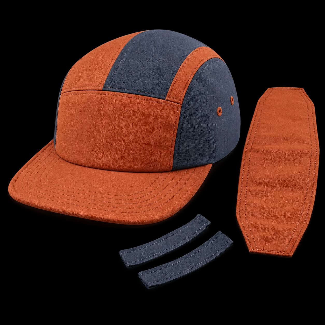 Generated construction study: five-panel crown, elongated top panel and seam tape