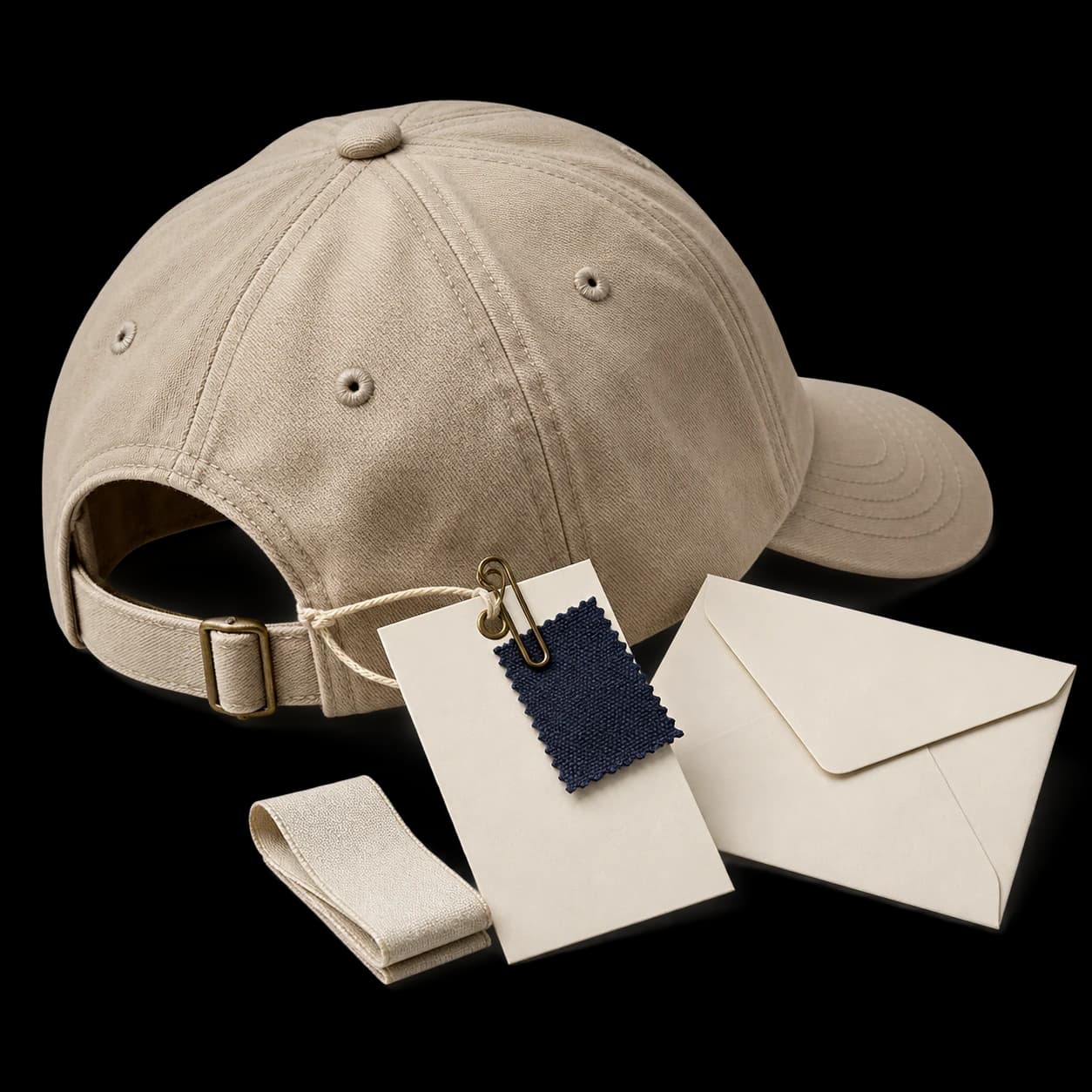 Generated construction study: a physical cap sample with a tied reference card, color swatch and trim reference