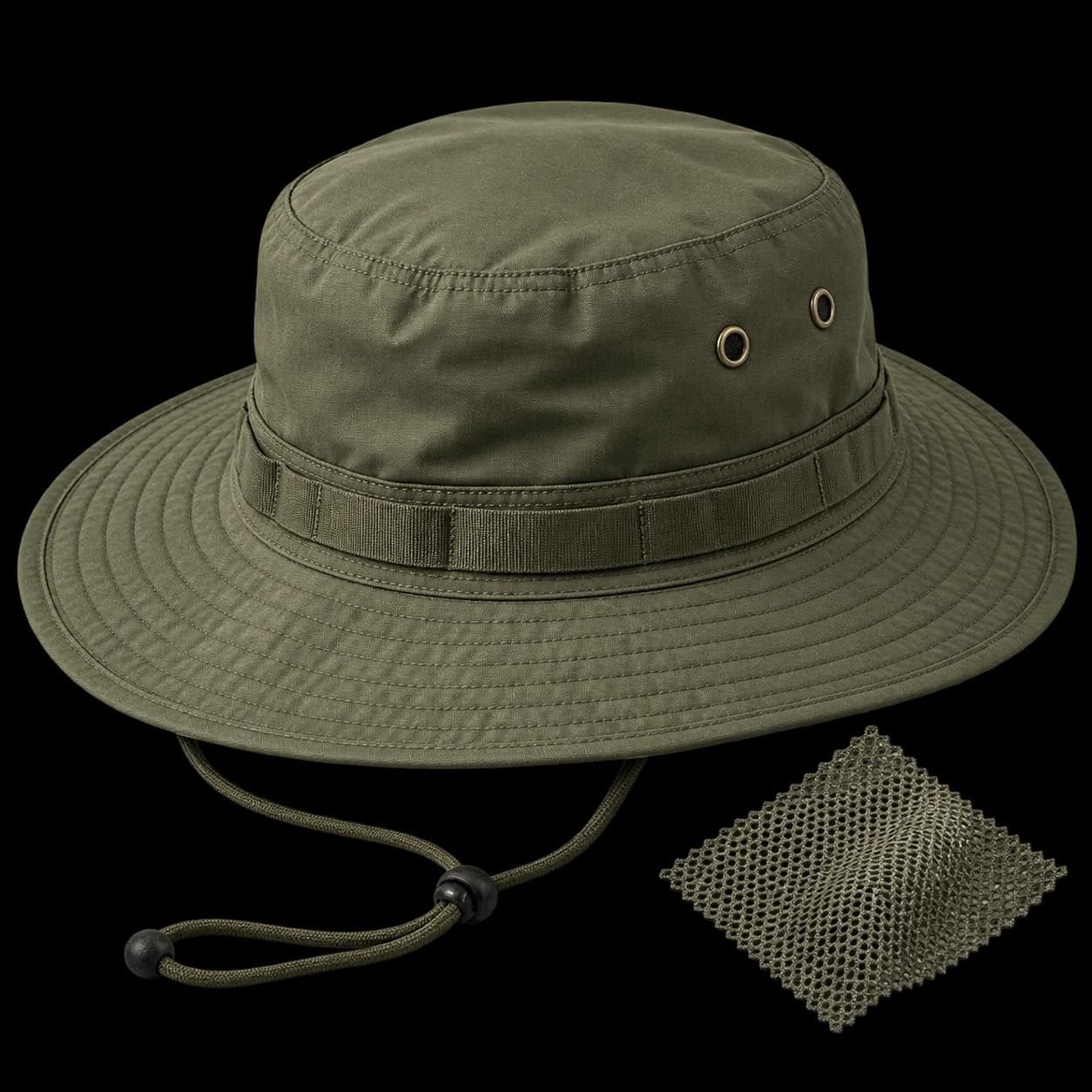 Generated construction study: continuous outdoor brim, chin cord and ventilation mesh