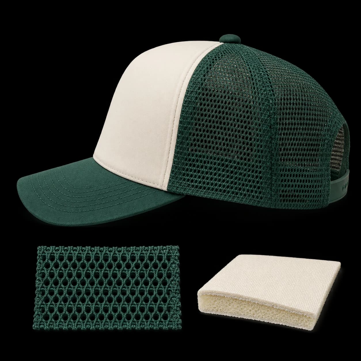 Generated construction study: woven front, mesh back and foam-backed material compared