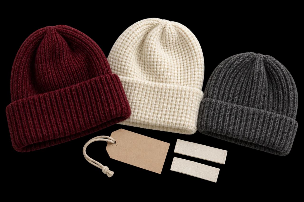 Generated construction study: burgundy rib-knit, ivory waffle-knit and graphite fisherman beanies with hangtag and woven-label references