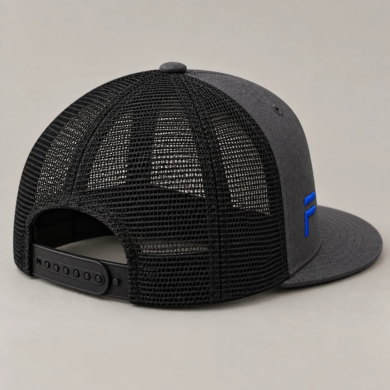 Flat-brim trucker: Rear & profile. Generated design reference.