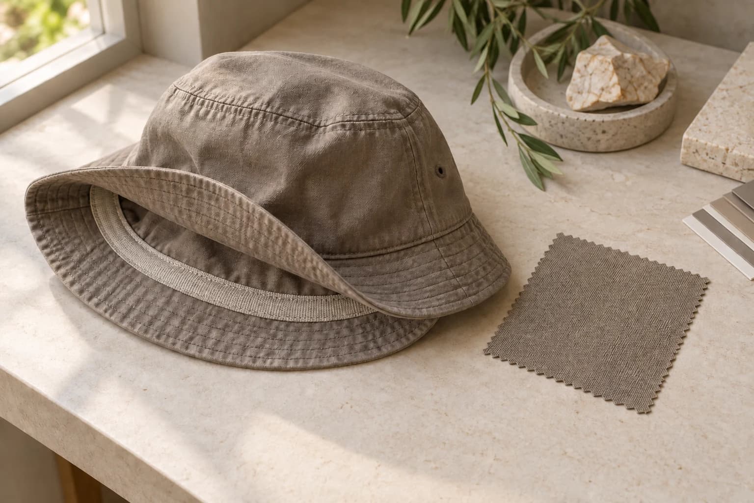 Illustrated bucket hat sample review with inner finishing and a fabric swatch