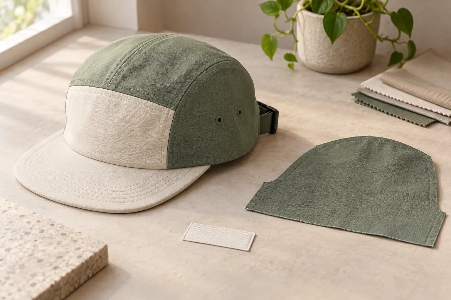 Illustrated camp cap sample review with crown panel and label references