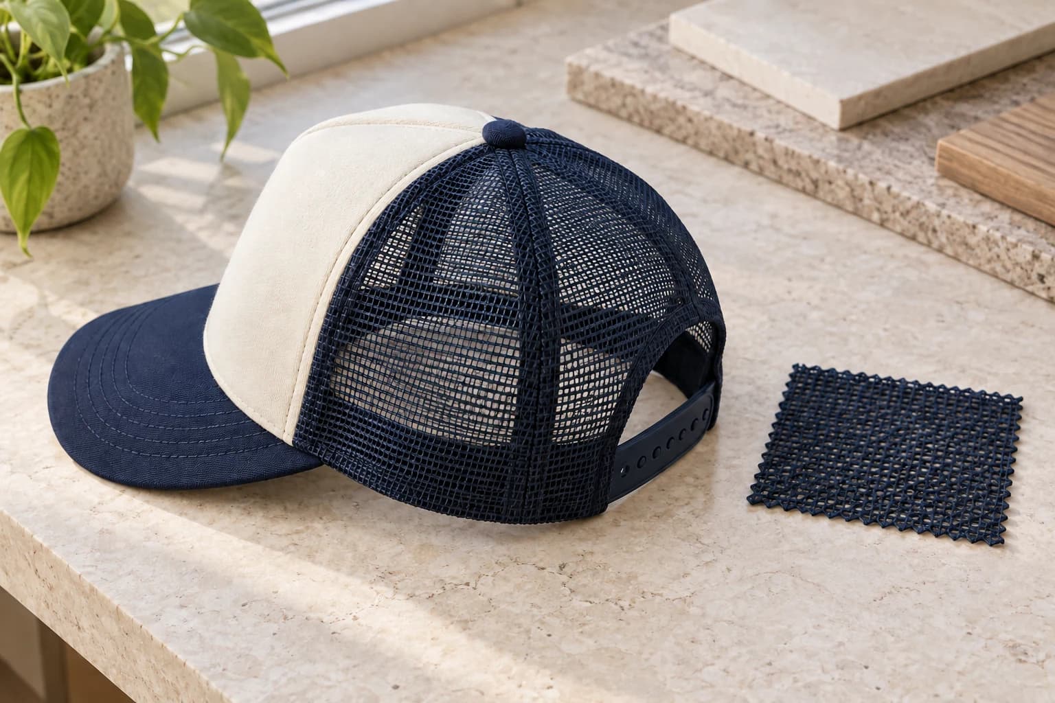 Illustrated trucker sample review with mesh and snap closure references