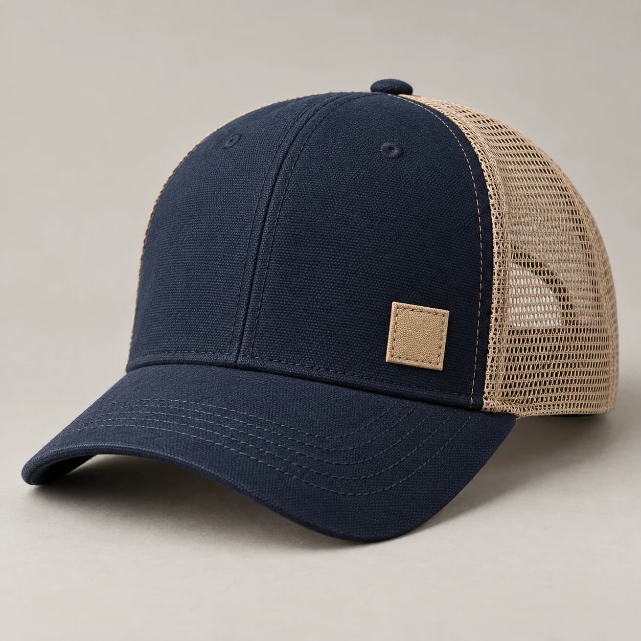 AI-generated canvas mesh trucker design reference illustrating textured front / curved brim