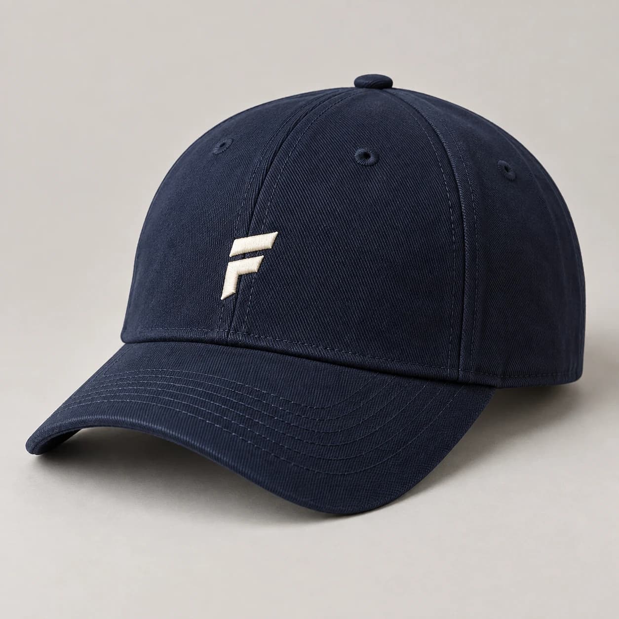 AI-generated structured twill cap design reference illustrating defined front / curved brim