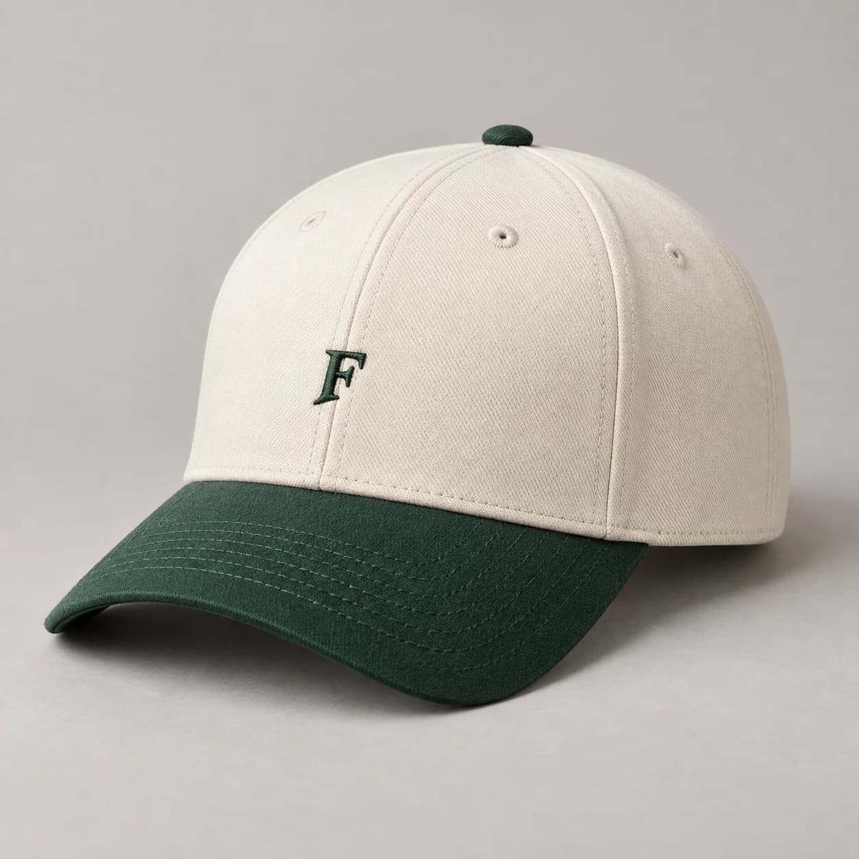 AI-generated two-tone baseball cap design reference illustrating six-panel / contrast brim
