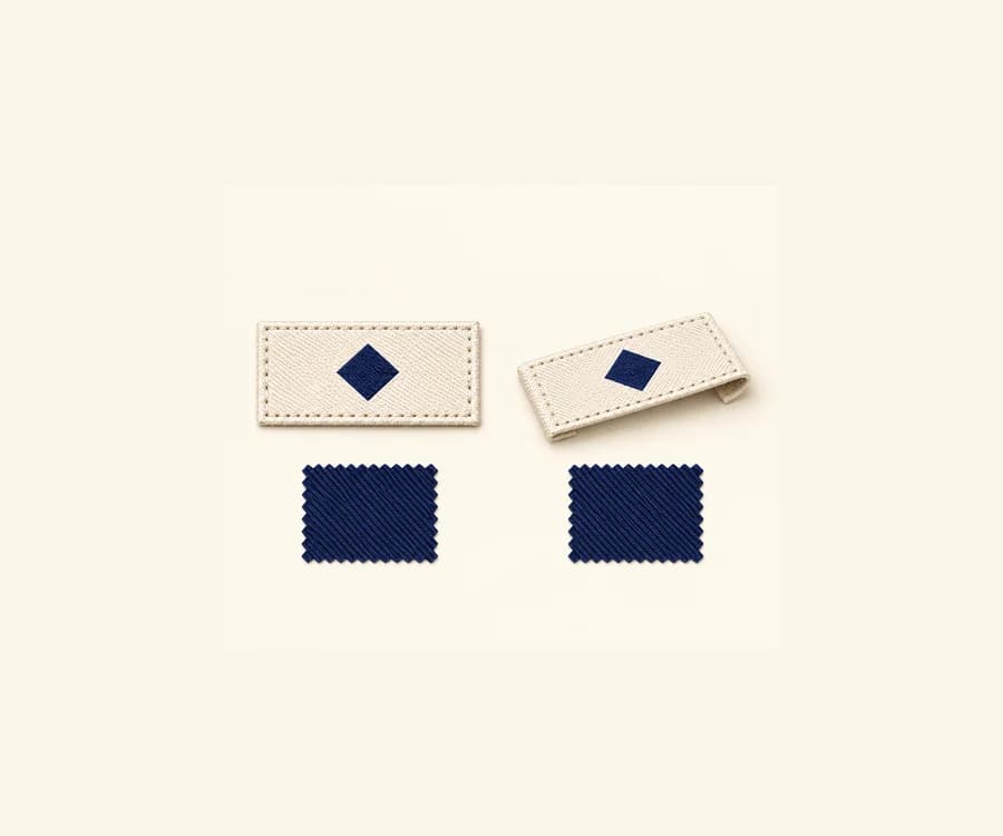 Flat and end-fold cream woven labels with navy diamond marks above navy fabric swatches