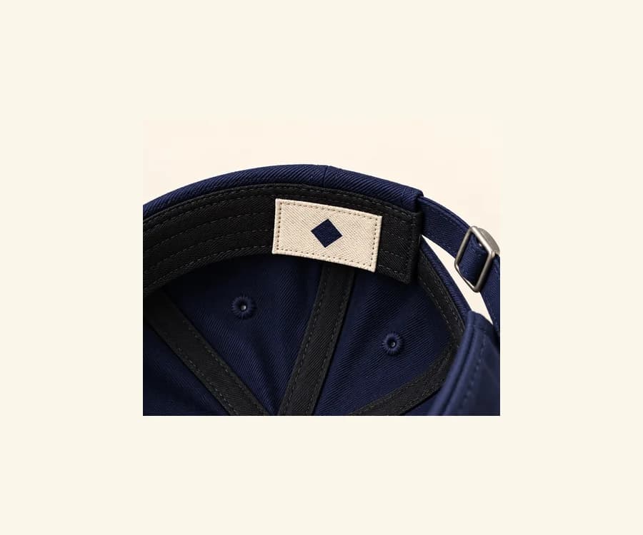 Cream diamond label attached to the rear inside band of a navy cap beside its buckle