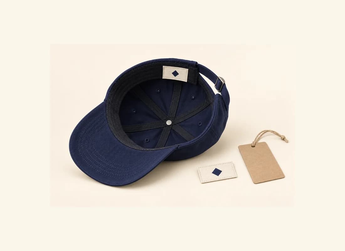 Navy cap interior with a cream diamond label, a loose matching label and a kraft hangtag