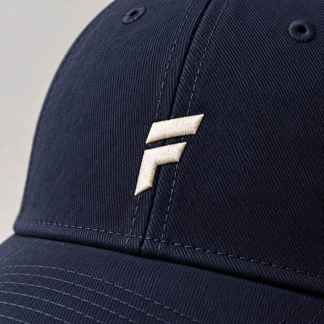 Structured twill cap: Surface & seam. Generated design reference.