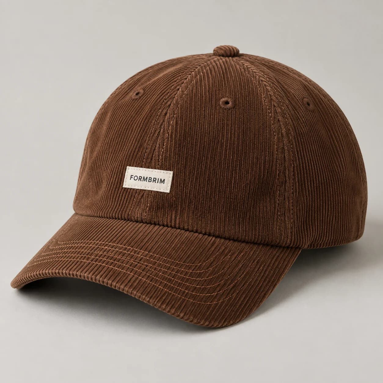 AI-generated corduroy baseball cap design reference illustrating rounded crown / curved brim